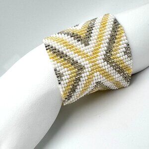 Handmade Mayan Beaded Bracelet Geometric Gold White Pattern Adjustable Closure